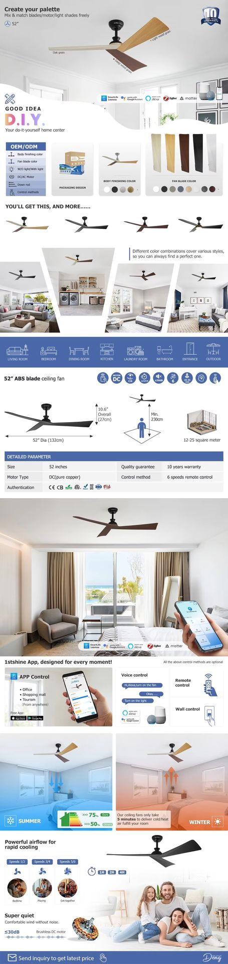 1stshine OEM/ODM Indoor 110-240V DC Motor 6 Speeds Black Plastic Blades Smart Ceiling Fan Without Light