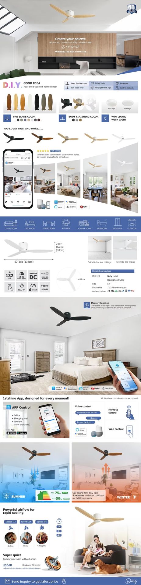 1stshine 52 Inches Popular Flush Mounted Reversible Remote Control Low Timer Function Ceiling Fan No Light