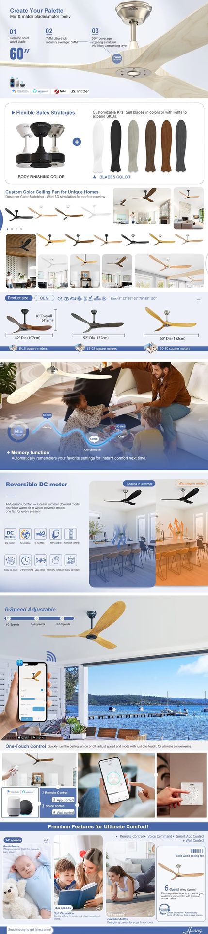 1stshine Energy Saving Quiet Copper Motor 3 Wooden Blades 60" No Light Ceiling Fan with Smart APP Control