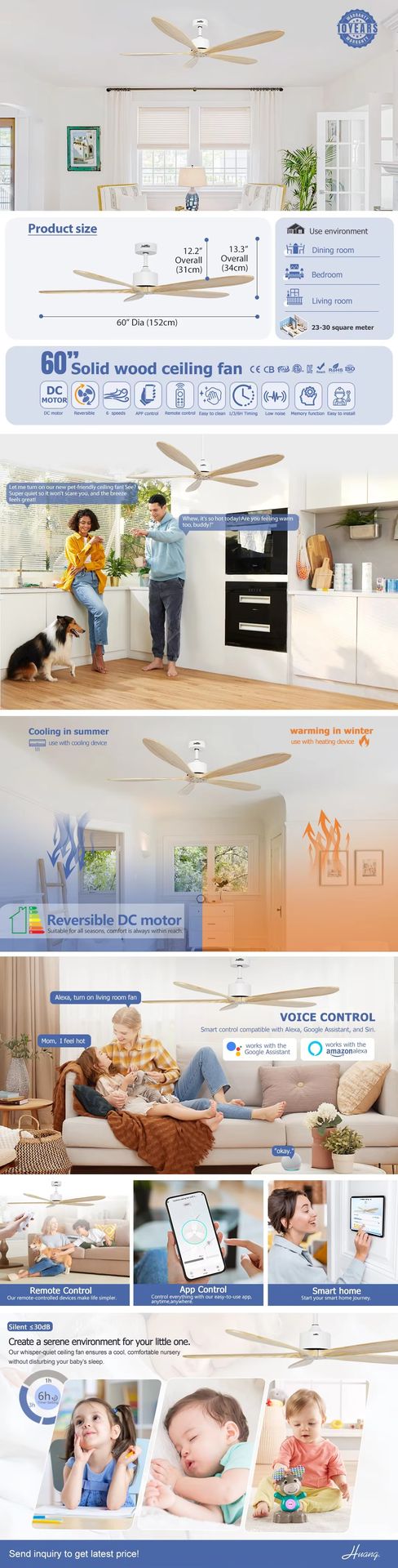 1stshine Solid Wood European Style Energy Saving Voice Assistant Powerful Airflow Reversible Blades Ceiling Fan With Remote