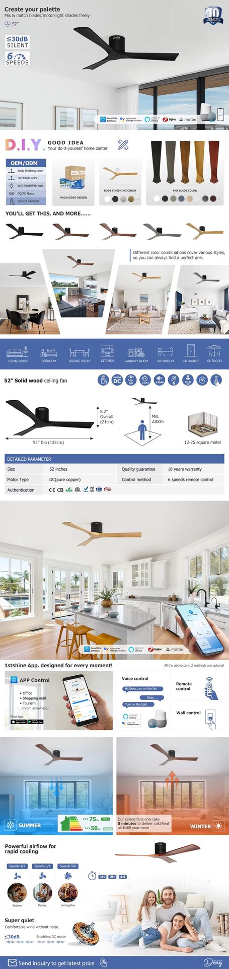1stshine Solid Wood Small Room Energy Saving Remote Control TUYA Wifi Voice Low Power Consumption 6 Speeds Ceiling Fan