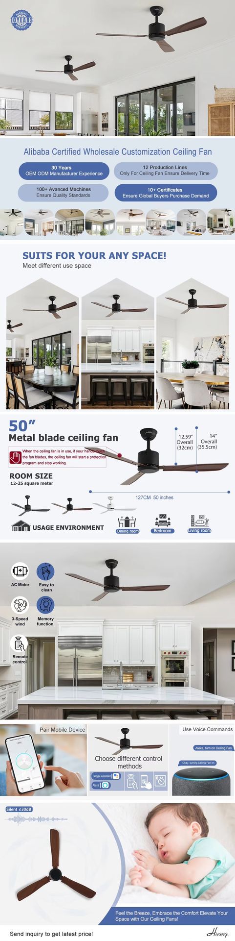 1stshine 50 Inches New Factory Industrial High Efficiency Living Room Bedroom Ultra Quiet Professional Grade Ceiling Fan
