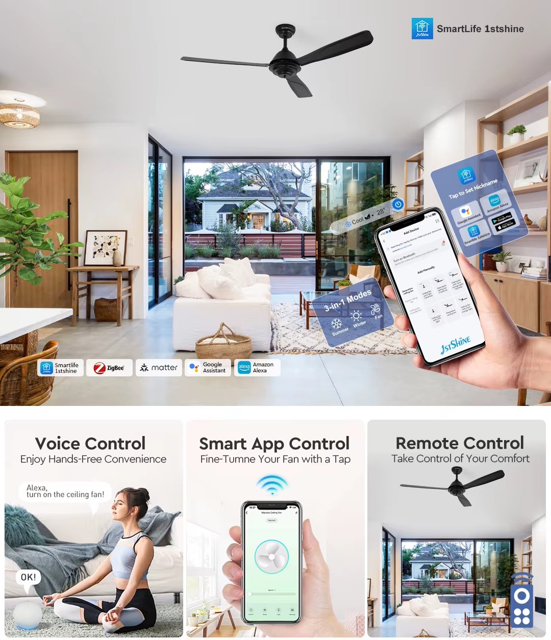 1stshine New Rustic Iron Living Room Bedroom Energy Saving Eco Friendly Smart Home TUYA Wifi Elegant Design Ceiling Fan