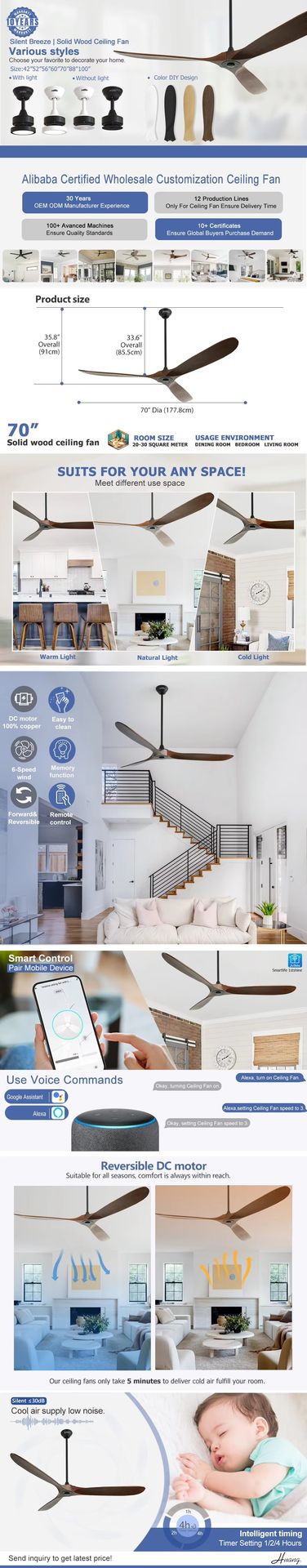 1stshine Hot Selling Fans Large Room Voice Control Summer Winter Mode Indoor Outdoor Use Assistant Heavy Duty Ceiling Fan