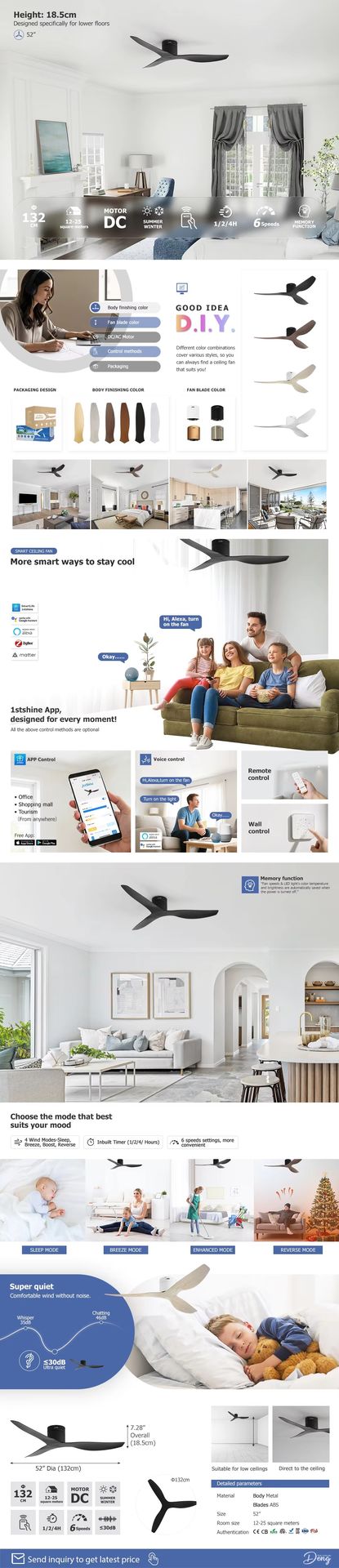 1stshine 52 Inches ABS Blade Fancy Energy Saving Living Room Bedroom Low Power Consumption Silent Motor Ceiling Fan