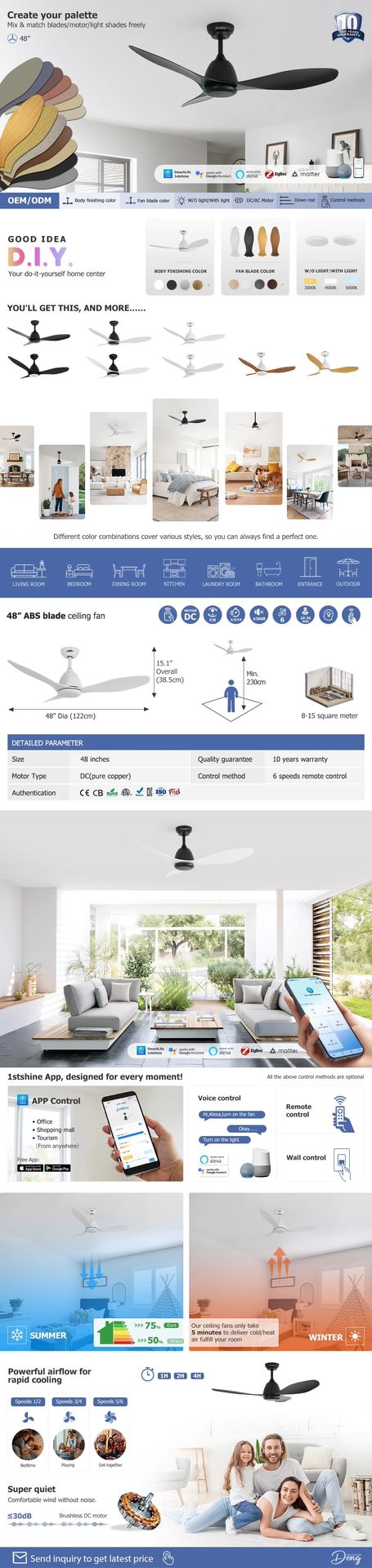 1stshine 48 Inches ABS Blade Home 6 Speeds Alexa Google Compatible Ultra Quiet Intelligent Control TUYA Wifi Ceiling Fan