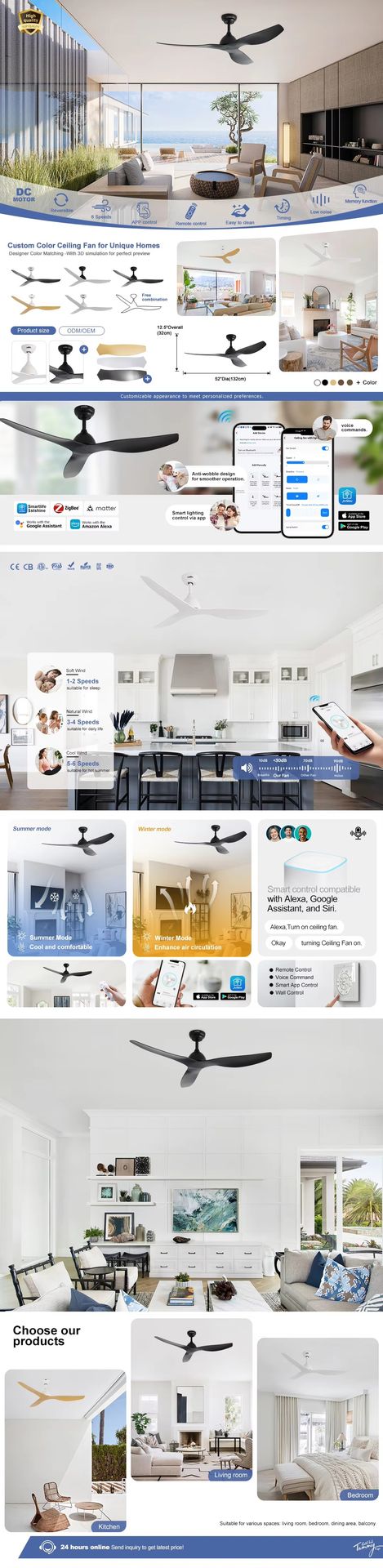 1stshine 52 Inches ABS Blade Modern Living Professional Grade Ultra Quiet Eco Friendly Heavy Duty Smart Home Ceiling Fan