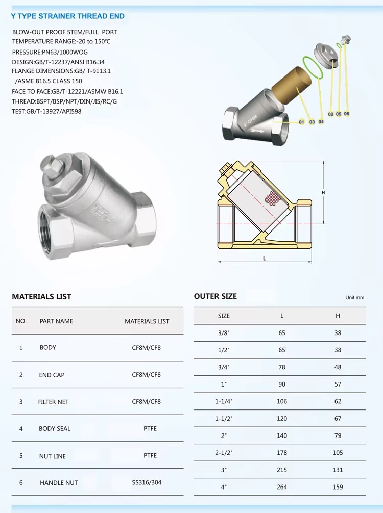 NPT BSPT PT BSP 1/2 · 4" CF8M Stainless Steel Y Female Thread Strainer