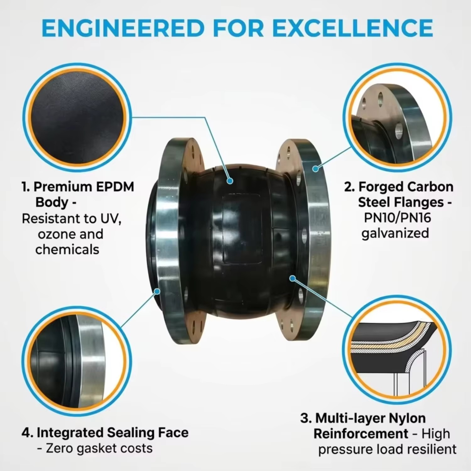 DN100 Flanged EPDM Chemical and Corrosion-Resistant Pipe Connector Rubber Expansion Joint for Pump Connections