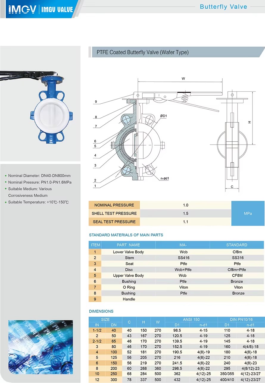 DN200 PTFE Lined Wafer Butterfly Valve, PN16 Handle Wheel Cast Iron Valve for Chemical Fluid Control