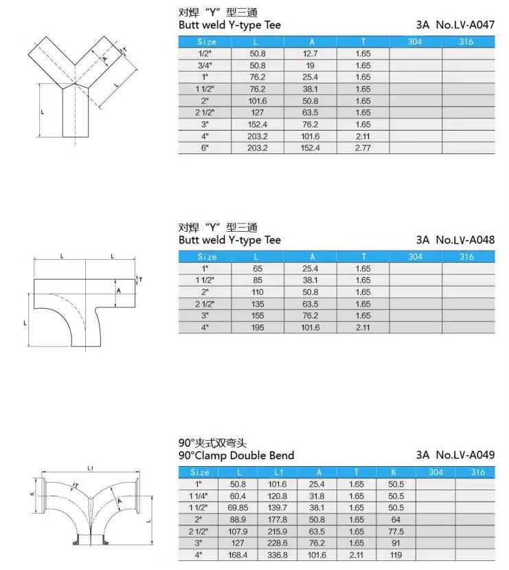 Sanitary Stainless Steel Pipe Fitting Y-type Tee