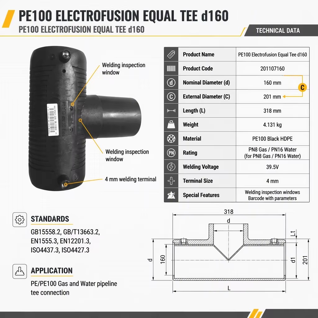 PE100 Electrofusion Equal Tee D160 Black HDPE Pipe Fitting with Female Connection 318mm for Gas and Water Supply Pipeline
