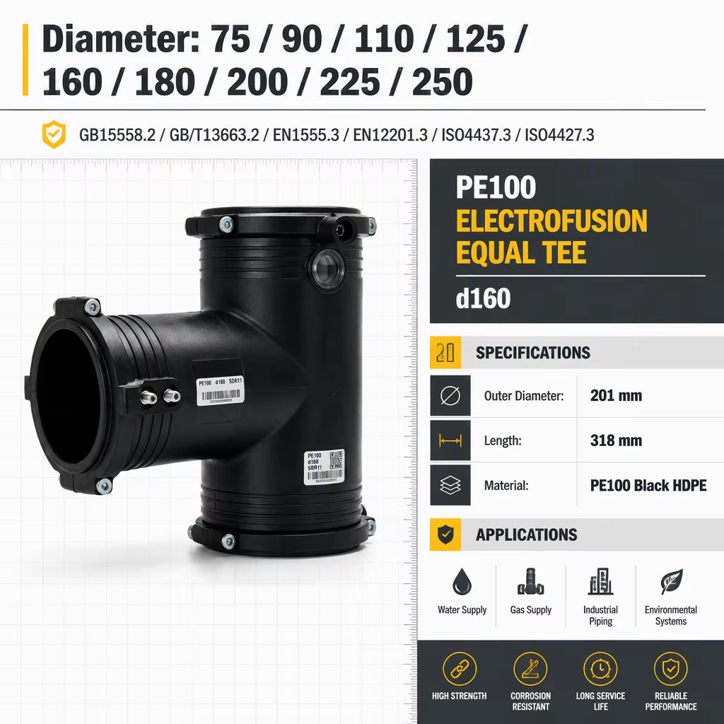 PE100 Electrofusion Equal Tee D160 Black HDPE Pipe Fitting with Female Connection 318mm for Gas and Water Supply Pipeline