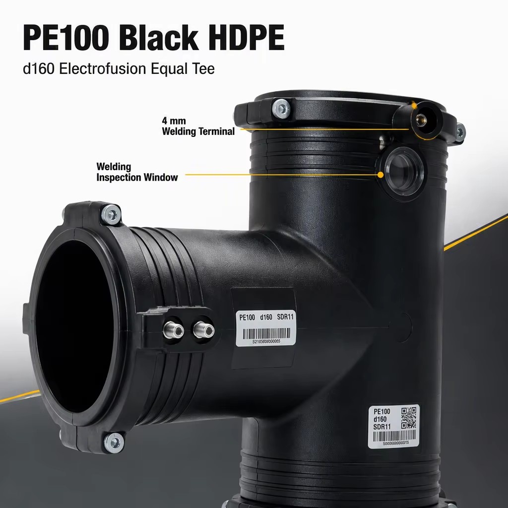 PE100 Electrofusion Equal Tee D160 Black HDPE Pipe Fitting with Female Connection 318mm for Gas and Water Supply Pipeline
