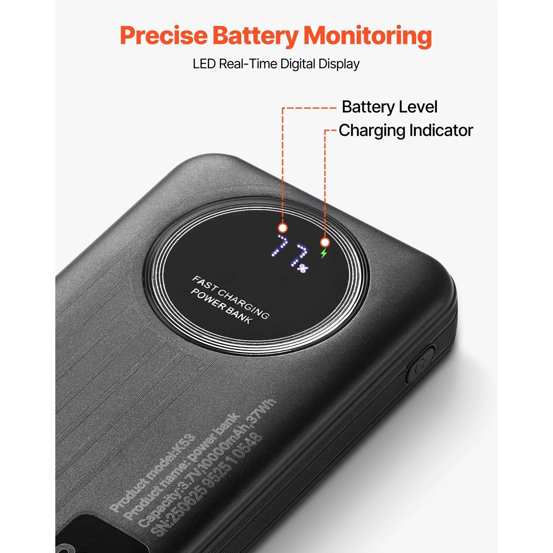 Portable Plastic Power Bank 10000mAh Fast Charging Micro B Input Smart LED Display for
