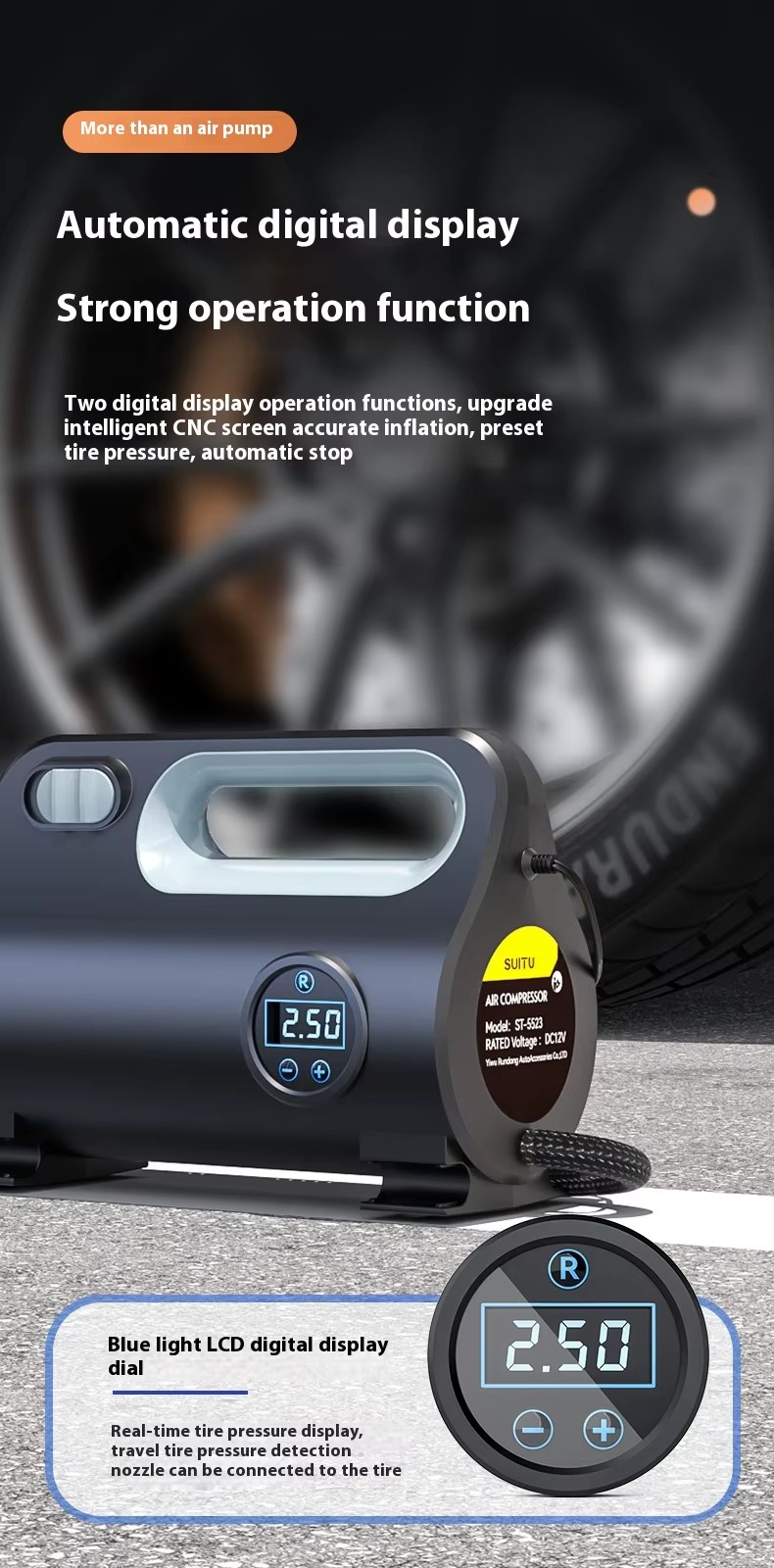 2025 New Car 150 Psi Portable Air Compressor 12V DC Inflator Pump with Pressure Gauge ABS Material for Car Tyres