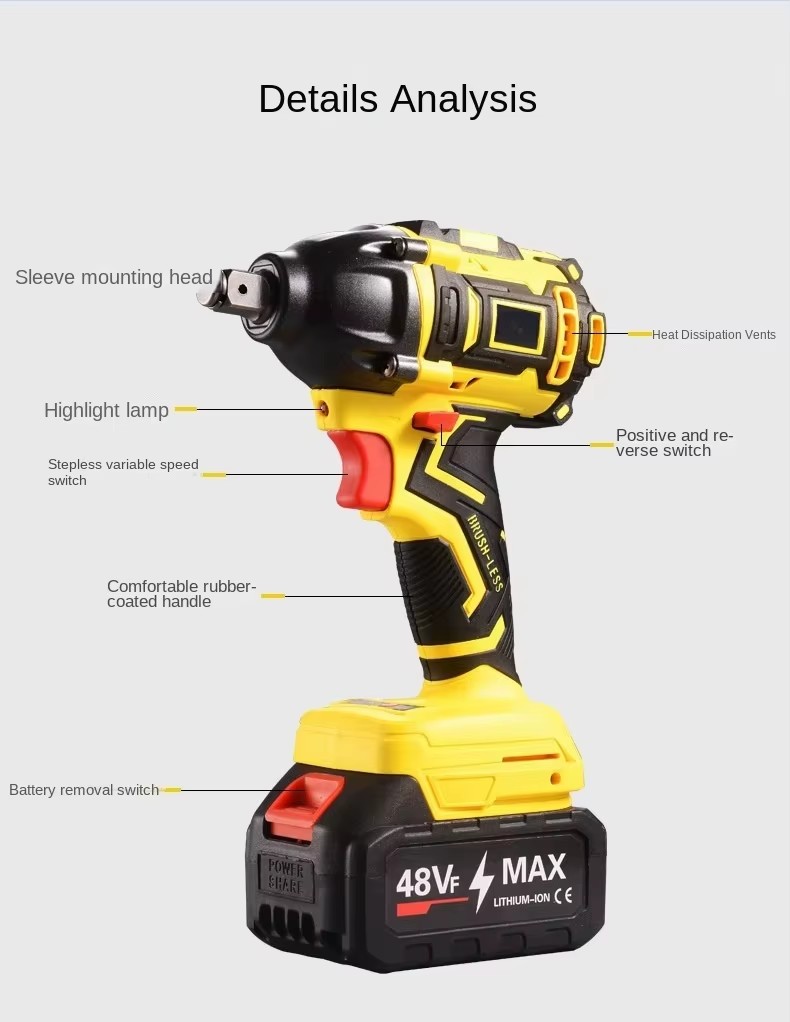 Rechargeable Battery Portable Cordless Power Screwdrivers High Torque Brushless Lithium Electric Impact Wrench for Tires