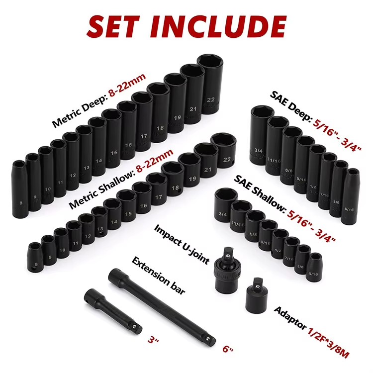 48Pcs CR-V Socket Set SAE and Metric 6-Point Socket Set Most Popular Socket Set