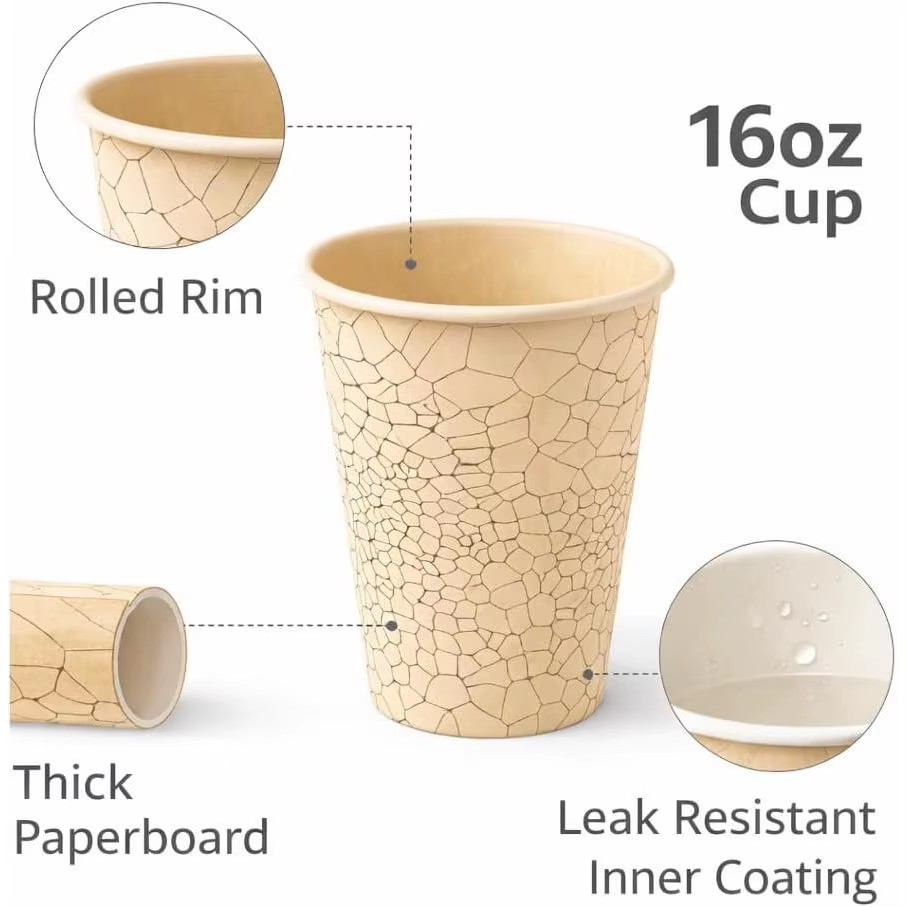 SOPARO 16 oz Bulk Disposable Paper Cups 1000 Count Rolled Rim Leak Resistant Ripple Wall Style for Hot Coffee