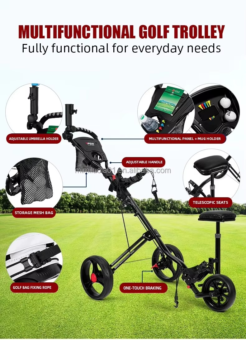 PGM QC006 Multifunctional 3 Wheels Foldable Aluminum Frame Manual Push Cart Golf Push Trolley