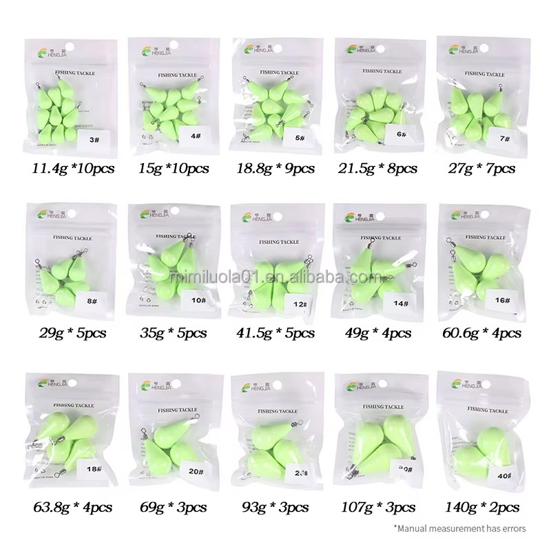 Wholesale JI060~064 11.4g~140g Fishing Tackle Accessories Casting Drop Shape Lead Weights Luminous Painted Fishing Sinkers