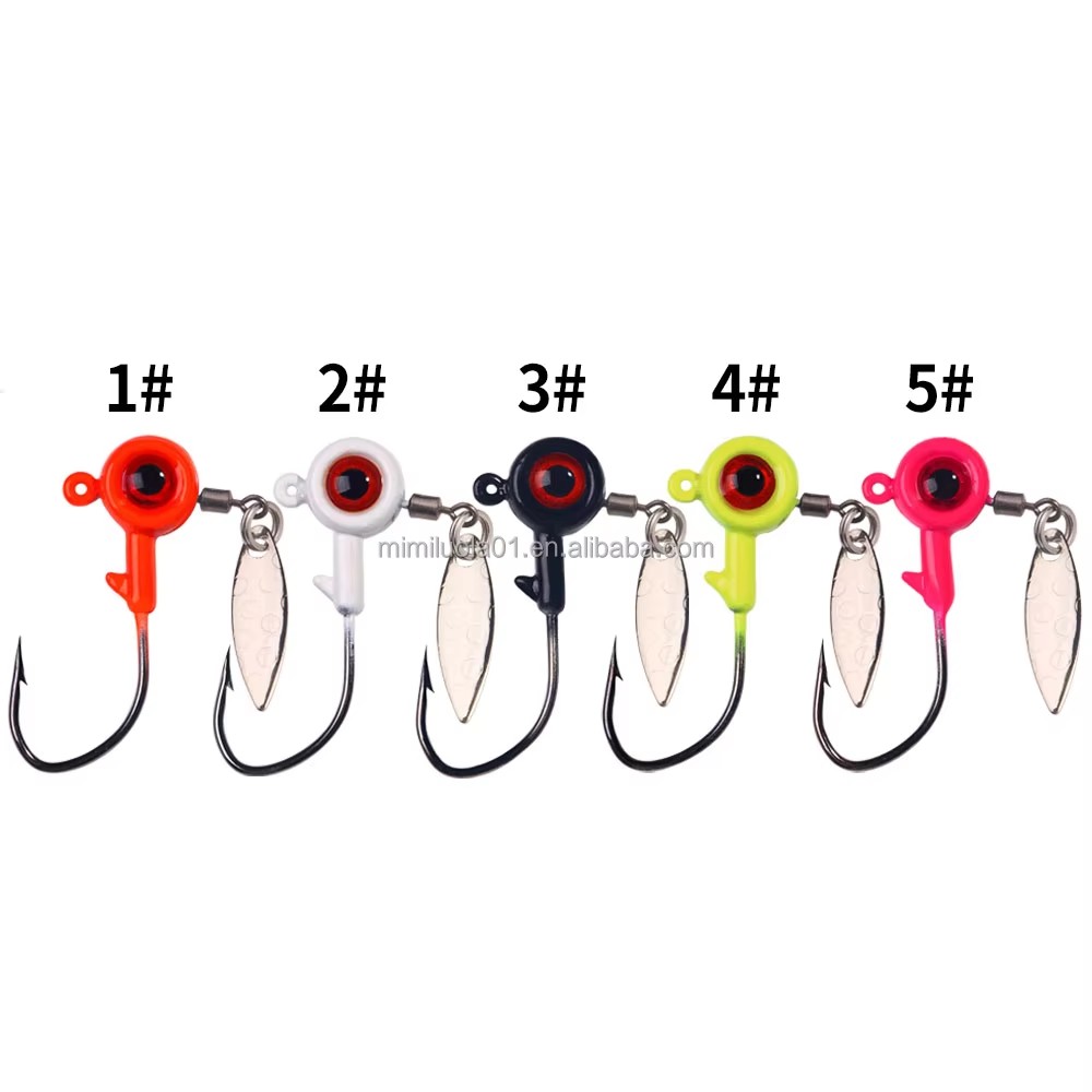 Wholesale JI201~205 1.75g 3.5g 5g 7g 10g 5pcs/bag Big Eyes Lead Jig Head Fishing Hooks with Rotating Spinner Spoon
