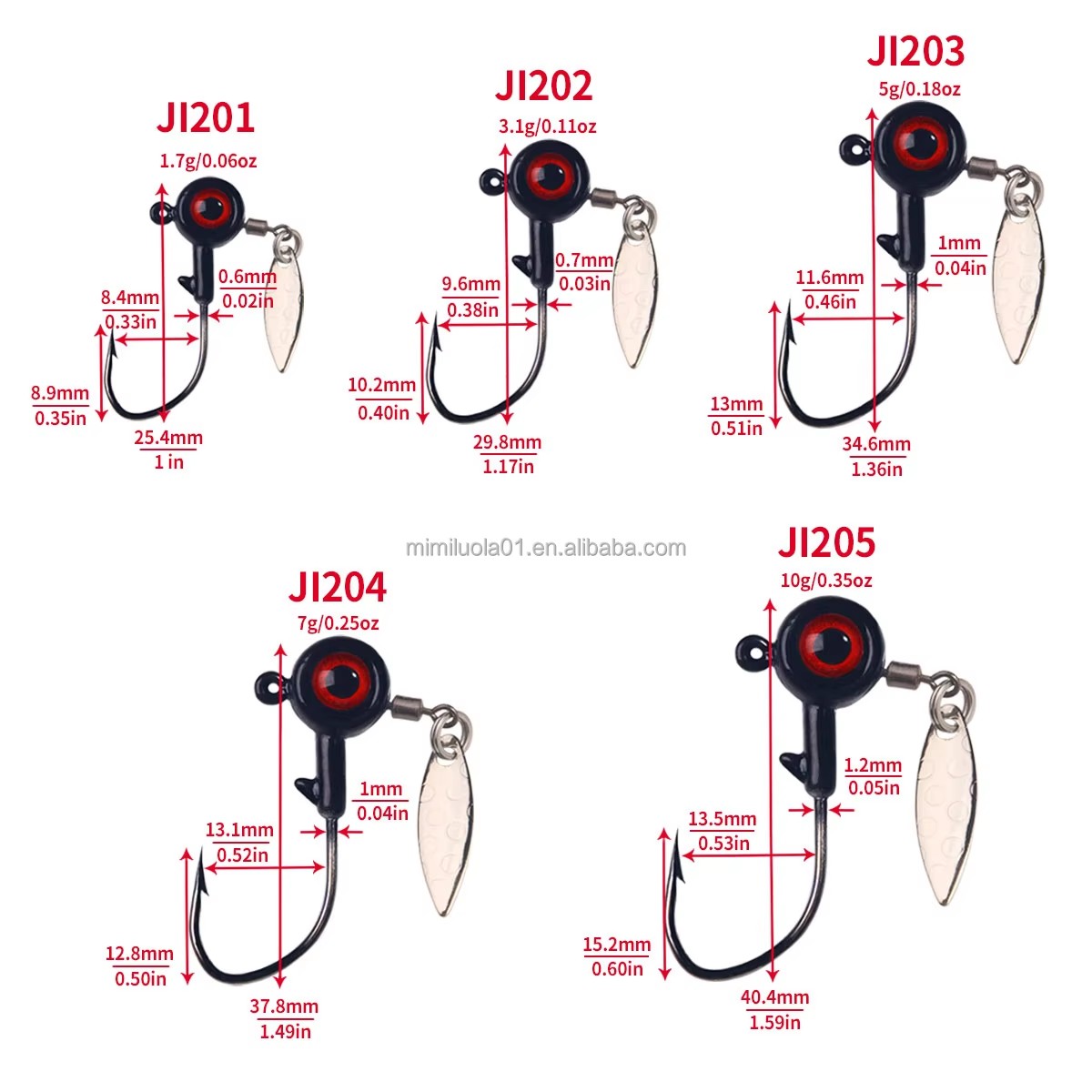 Wholesale JI201~205 1.75g 3.5g 5g 7g 10g 5pcs/bag Big Eyes Lead Jig Head Fishing Hooks with Rotating Spinner Spoon