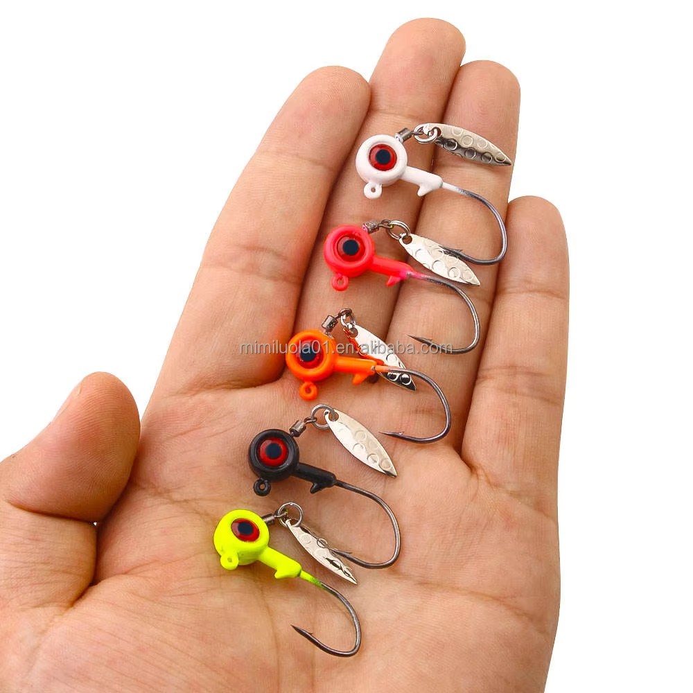 Wholesale JI201~205 1.75g 3.5g 5g 7g 10g 5pcs/bag Big Eyes Lead Jig Head Fishing Hooks with Rotating Spinner Spoon