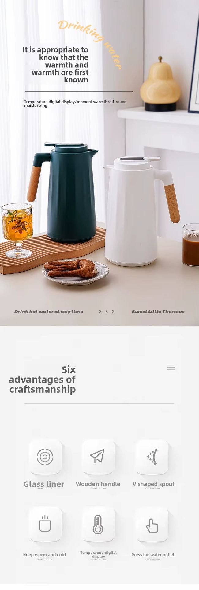 1L Vacuum Insulated Glass Inner Boiling Water Warmer Coffee Pot Water Jug Kettle With Leak Proof Lid Home Hotel Restaurant Use