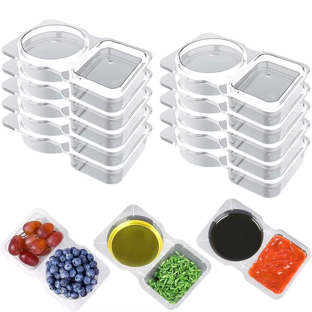 20-Pack Plastic Double Compartment Condiment Snack Boxes Container with Lids for Food Sauces Seasonings Cereal Refrigerator