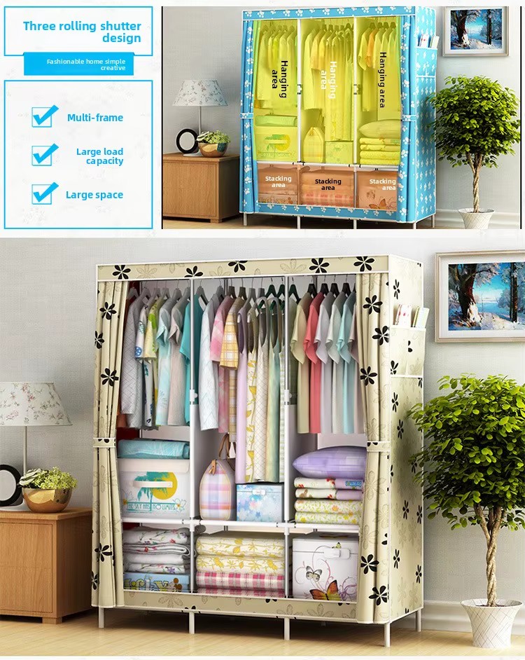 Portable Metal Wardrobe Storage Organizer Non-Woven Fabric Closet with Standing Drawer Clothes Rack for Dormitory Living Room