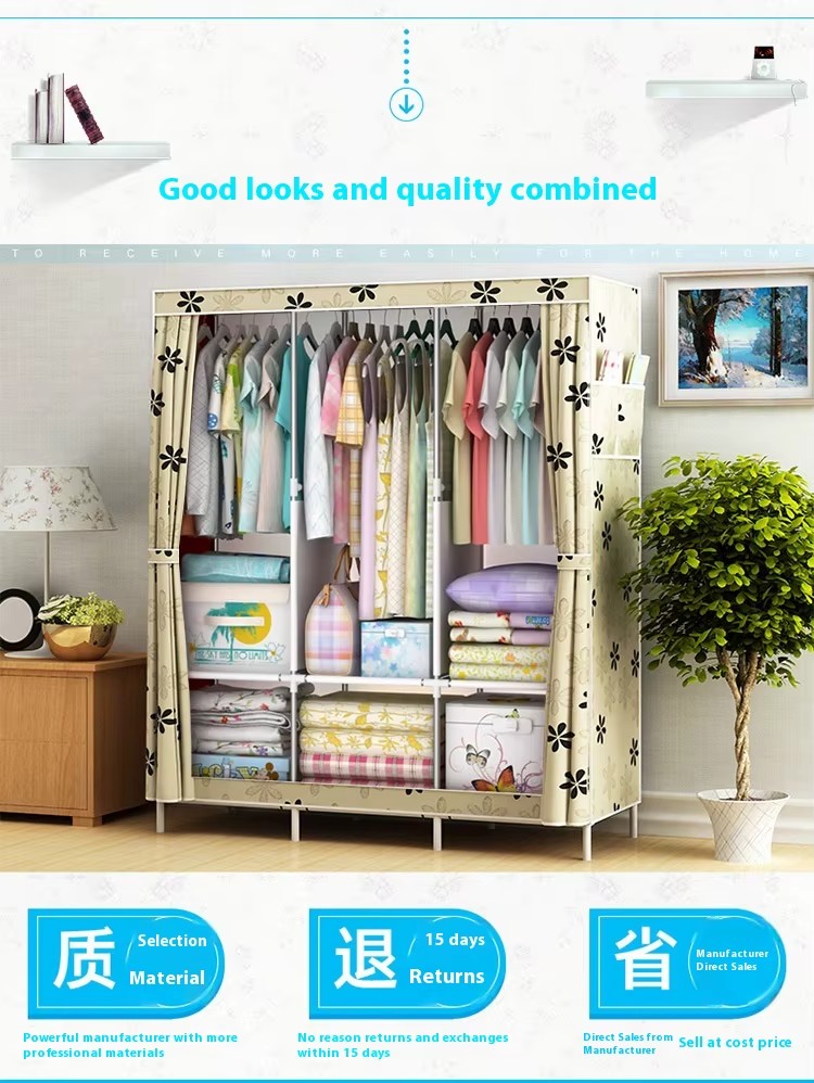 Portable Metal Wardrobe Storage Organizer Non-Woven Fabric Closet with Standing Drawer Clothes Rack for Dormitory Living Room