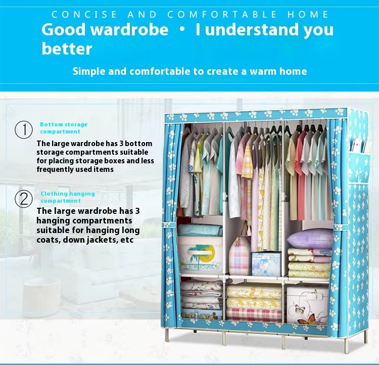 Portable Metal Wardrobe Storage Organizer Non-Woven Fabric Closet with Standing Drawer Clothes Rack for Dormitory Living Room
