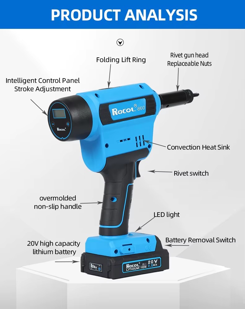 Rivet Nut Gun Efficient RL-860 Easy Operation Cordless Riveter M3-M10 Powerful Pull Force Riveting