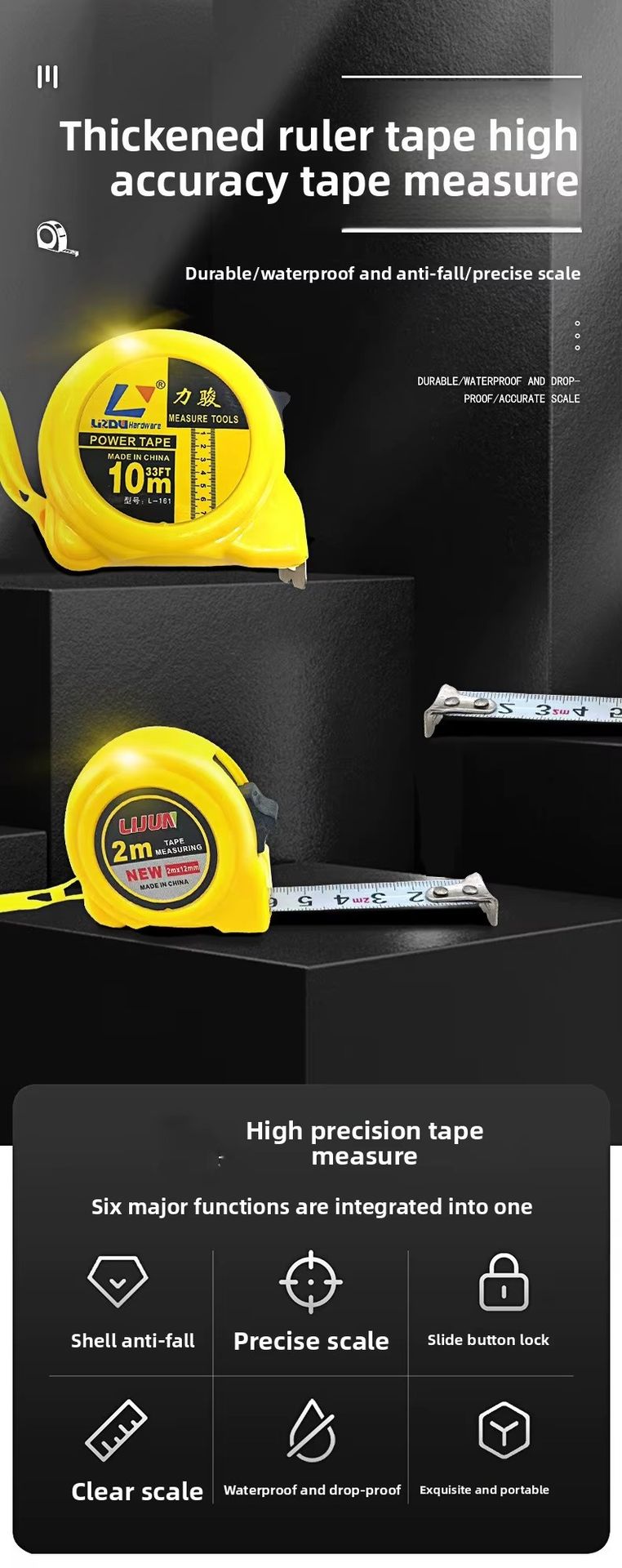 Meracly Custom Rolling Tape Measure 3M 5M 7.5M 10M Inch Automatic ABS & Stainless Steel Blade Single Brake