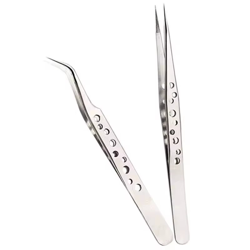 Stainless Steel Precision Perforated Tweezers with Pointed Elbows, Glossy Nine Hole Tweezers