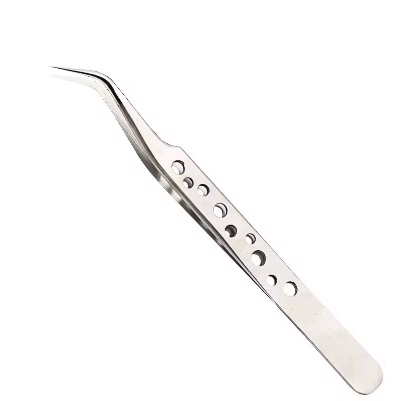 Stainless Steel Precision Perforated Tweezers with Pointed Elbows, Glossy Nine Hole Tweezers