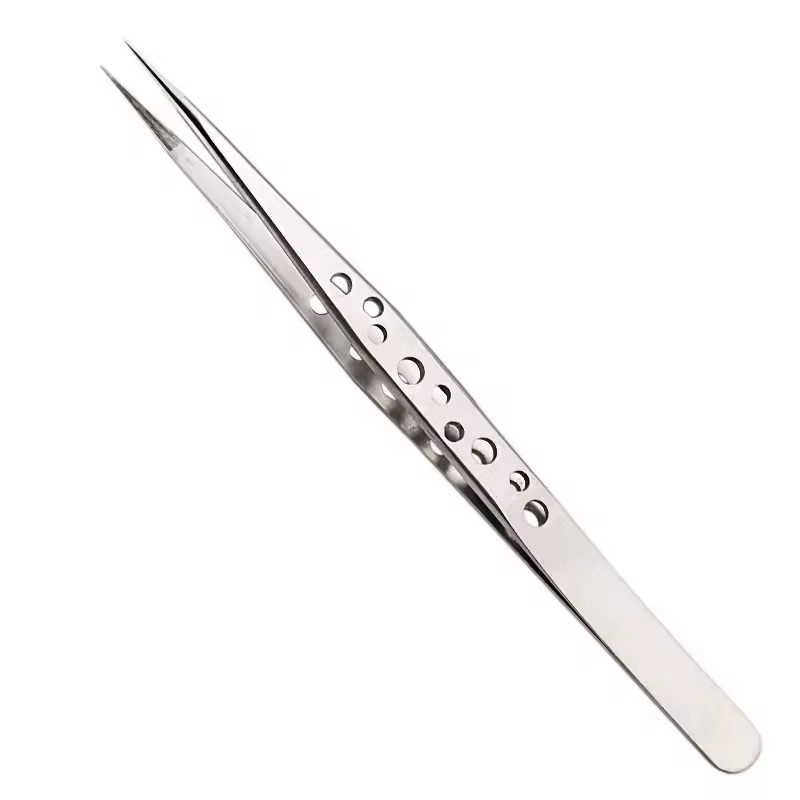 Stainless Steel Precision Perforated Tweezers with Pointed Elbows, Glossy Nine Hole Tweezers