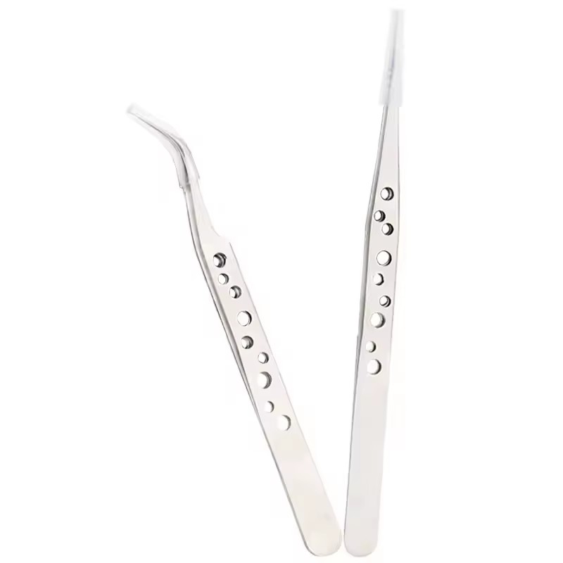 Stainless Steel Precision Perforated Tweezers with Pointed Elbows, Glossy Nine Hole Tweezers