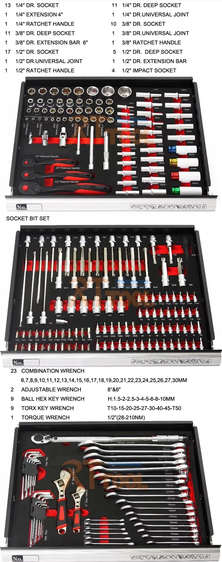 RT 298pcs Tool Cabinet Car Tools Box Set Mechanics Tool Set Wrench Repair