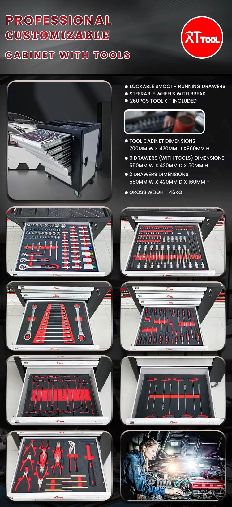 RTTOOL Mechanical Tool Set Trolley Case Automotive Tools Box With Wheels Cabinet