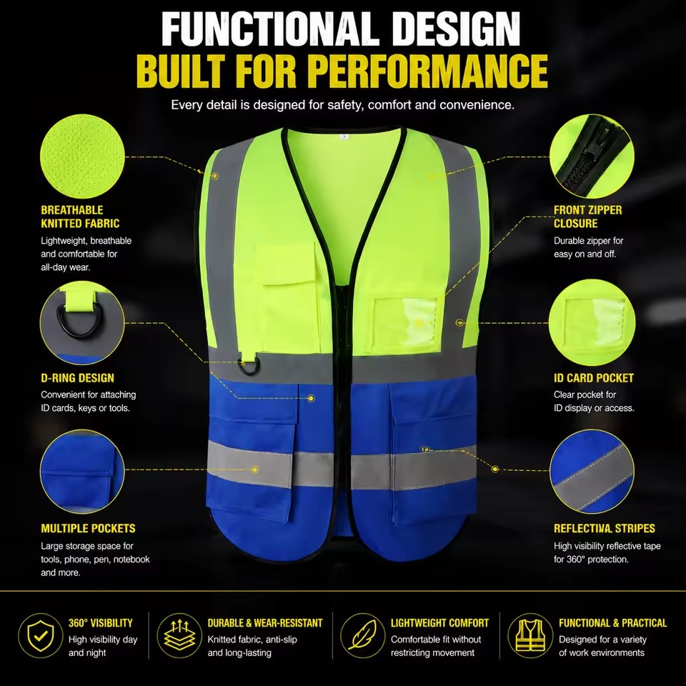 Ansi Class 2 Two Tone Safety Vest Hi Vis Yellow Blue With D Ring Id Holder Bellows Pockets V Neck Zip for Construction Crew