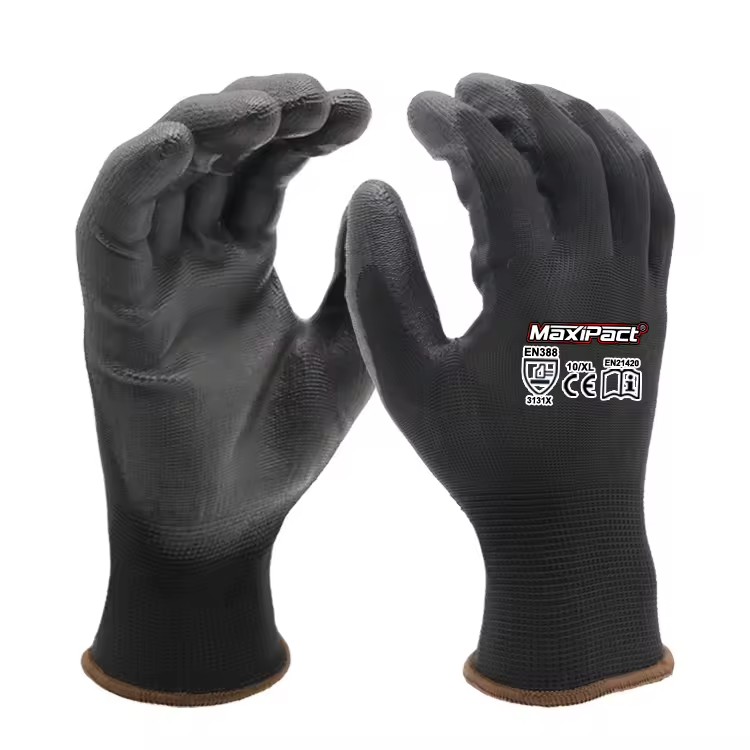 MaxiPact 13G High Dexterity Polyester Seamless Knitting Work Construction Gloves with PU Safety Gloves for Work Anti-slip