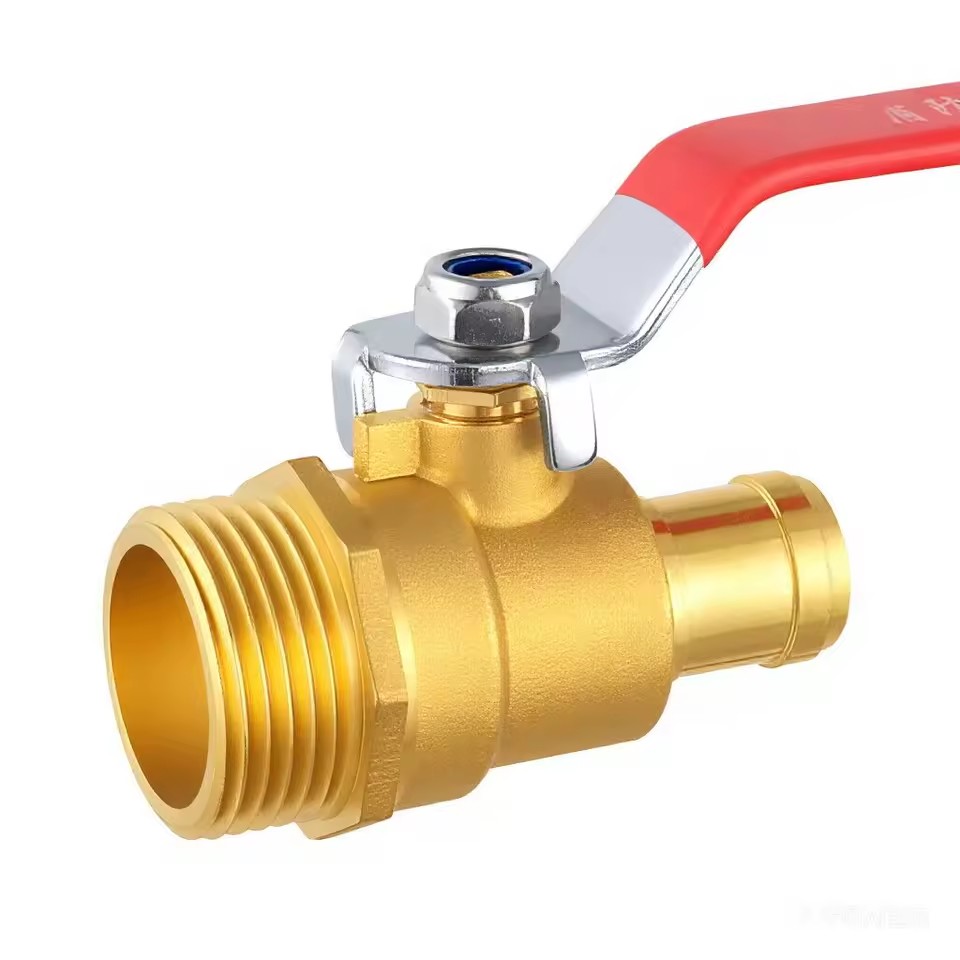 Professional Forged Brass Ball Valve With External Thread And Ribbed Hose Connector Red Handle For Industrial Pipeline Setup