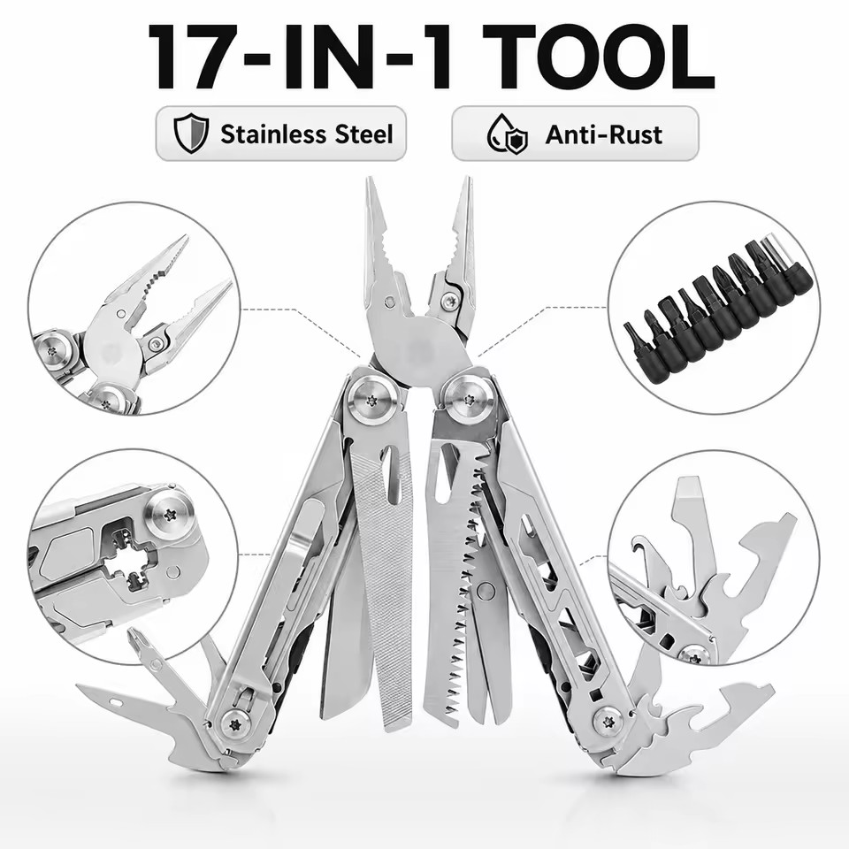 17 in 1 Stainless Steel Multi Function Outdoor Camping Portable Rust Proof Screwdriver Wire Cutter Multi Tool Pliers