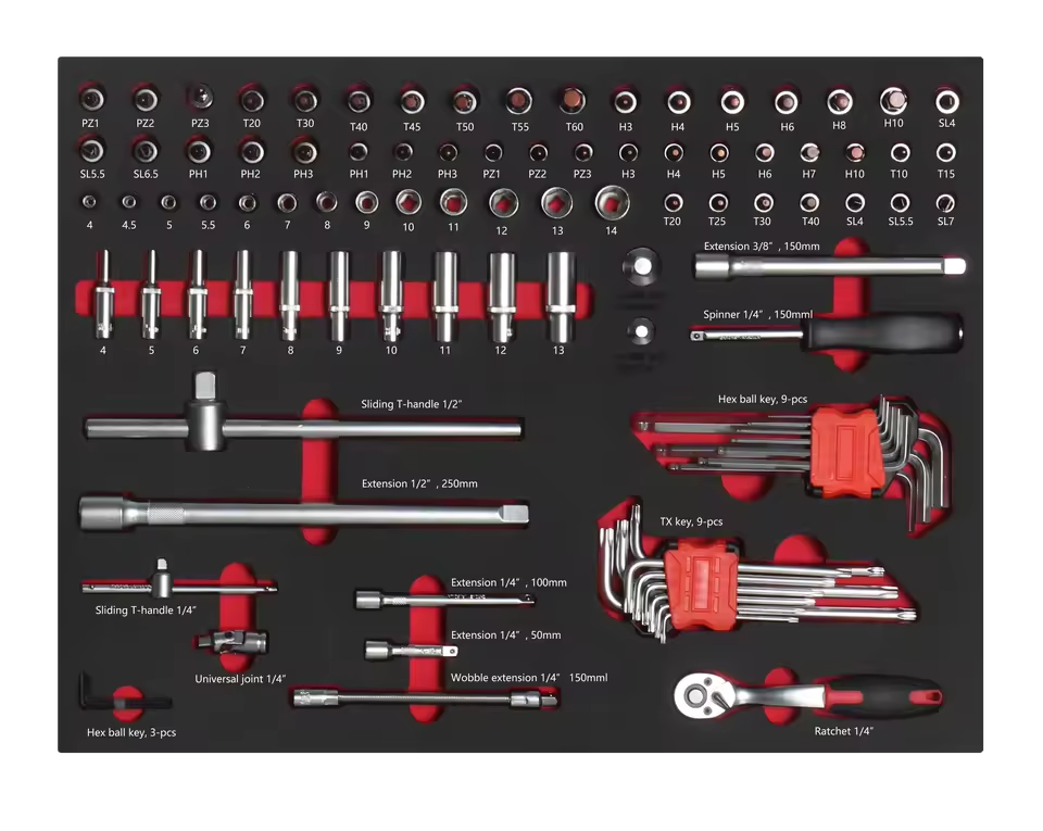 SKY HAMMER 121PCS Deep Socket Ratchet Handle Wrench Tool Set OEM for Auto Repair Tool Cabinet Troelly Tray with 3-Year Warranty