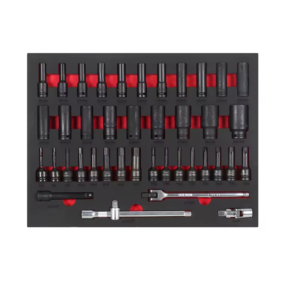 41pcs 1/2 Inch Deep Socket Set Tool Kit Universal Impact Socket Set Metric Metal Cabinet Trolley Tool Set in EVA Foam Tray