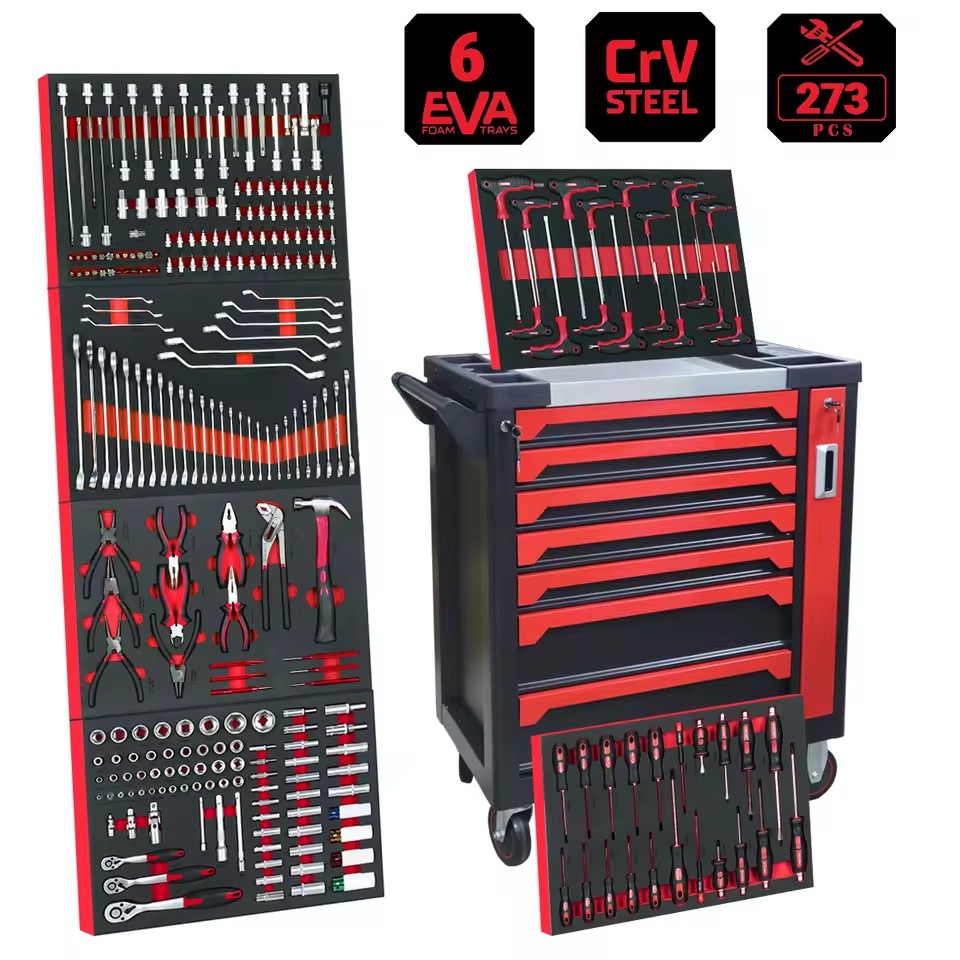 273PCS 7 Drawers Rolling Tool Trolley Cabinet with 6 EVA Foam Trays CrV Steel Auto Repair Mechanic Hand Tool Set