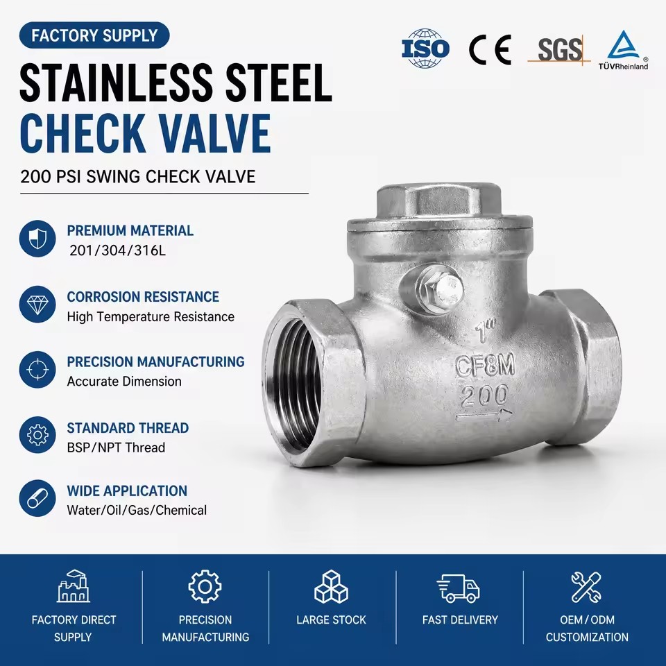 CF8M 304 316L Stainless Steel Swing Check Valve Threaded 200 PSI for Water Oil Gas