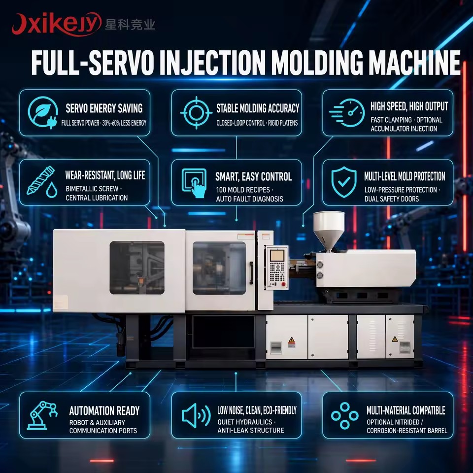 XKJY Brand New Horizontal Automatic Injection Molding Machine PLC Control Servo Motor 128T Eco-Friendly Energy PVC PET ABS